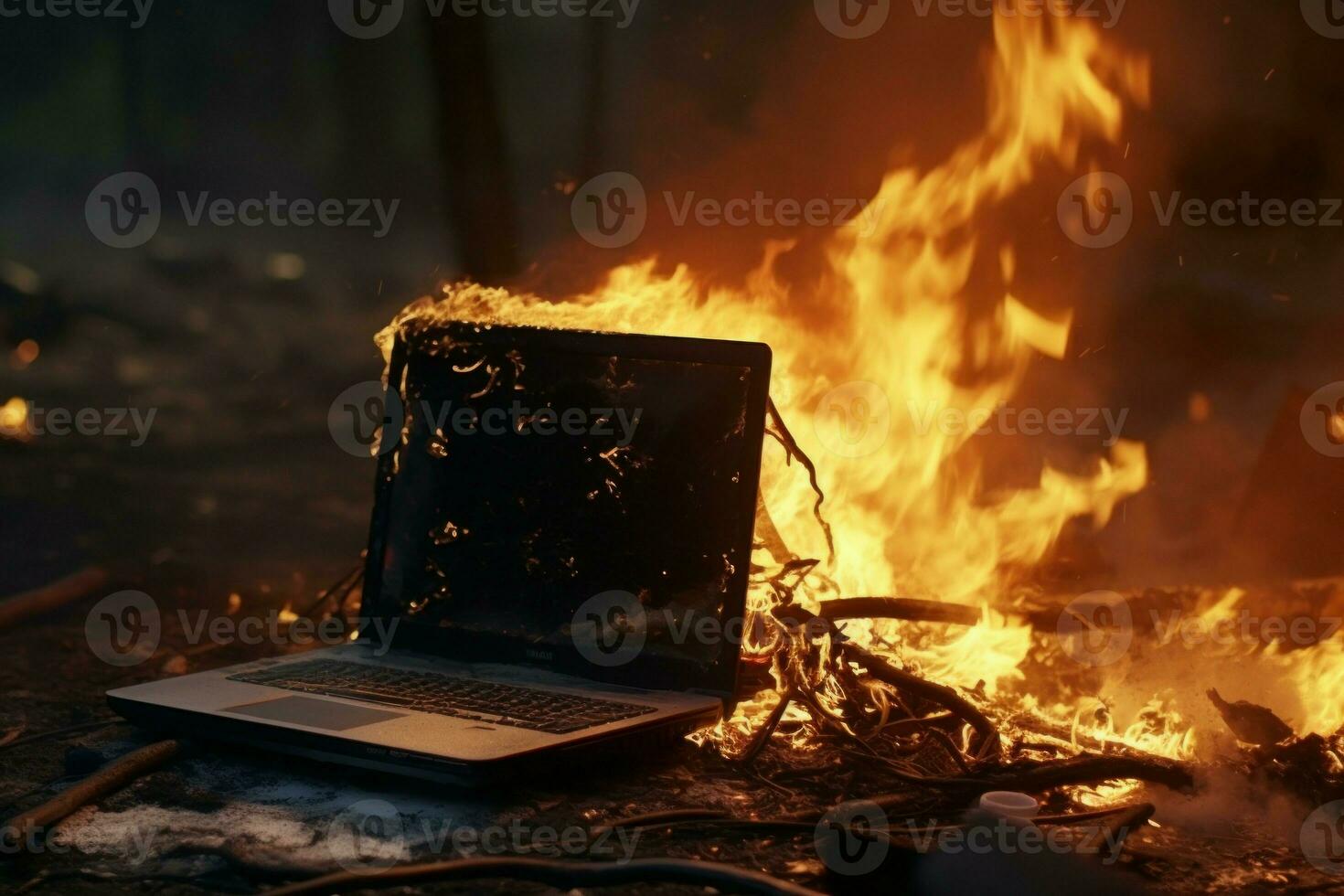 Hazardous Burning laptop table. Generate Ai photo