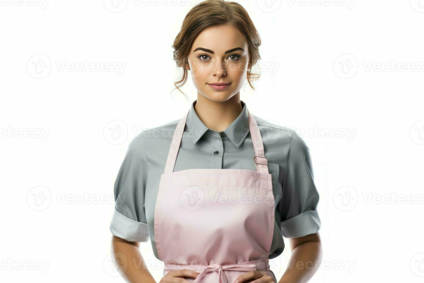 Young woman smiling and wearing kitchen apron. Generate Ai photo