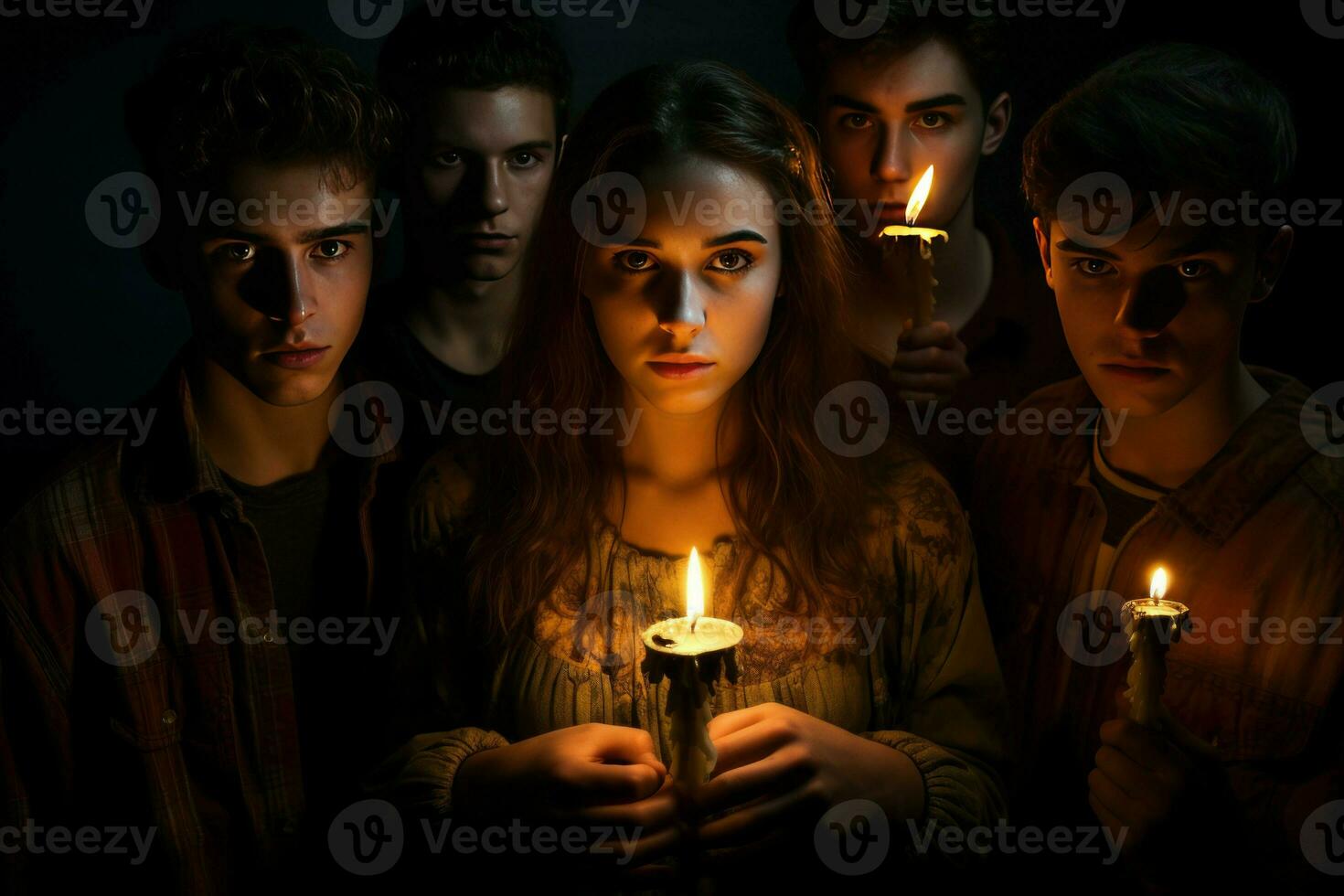 Young people with burning candles in darkness. Generate Ai photo