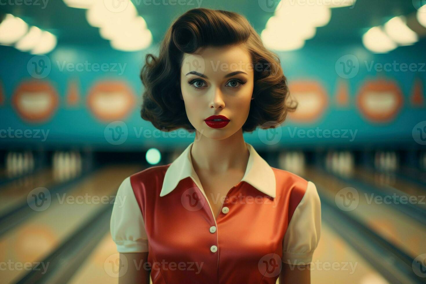 Young woman with ball in bowling club retro style. Generate Ai photo