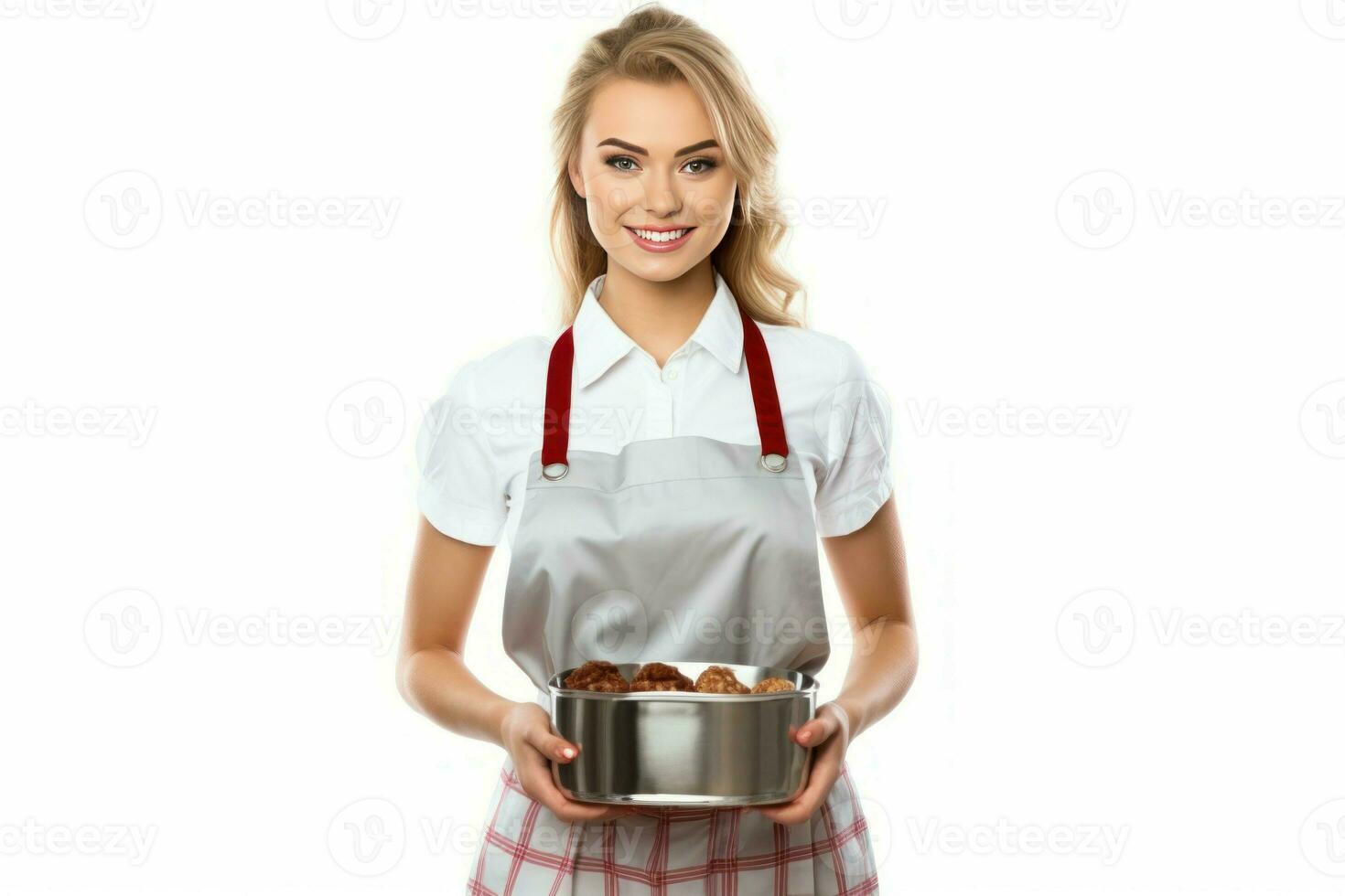 Young woman blondie wearing kitchen apron. Generate Ai photo