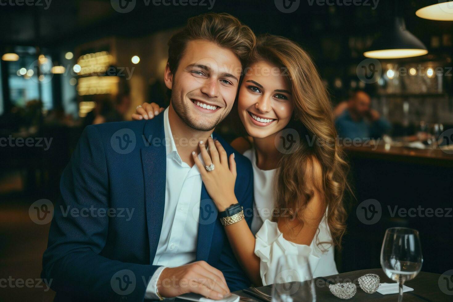 Young man and his happy fiancee. Generate Ai photo