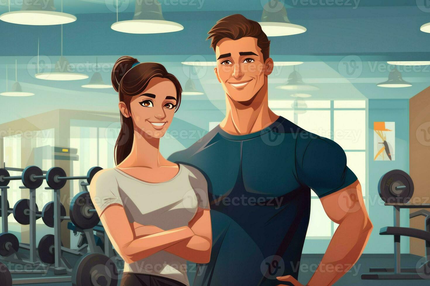 joven entrenador y mujer comprometido en gimnasio ilustración. generar ai foto