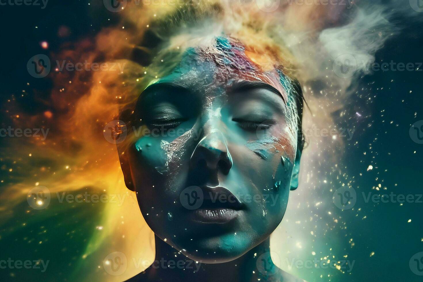 Female face explodes colorful galaxy. Generate ai photo