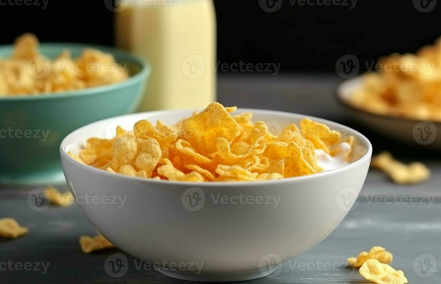 Tasty cornflakes milk bowl on wooden table. Generate Ai photo