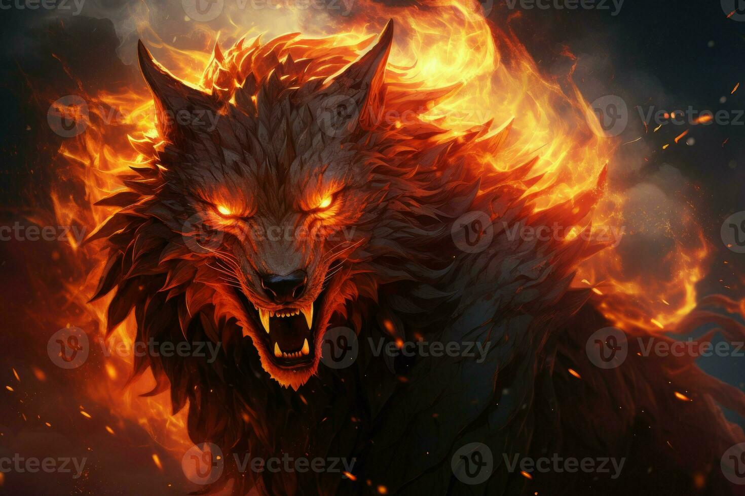 Enigmatic Fiery wolf fantasy. Generate Ai photo