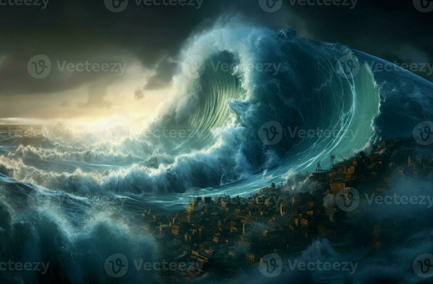 Relentless Tsunami wave. Generate Ai photo