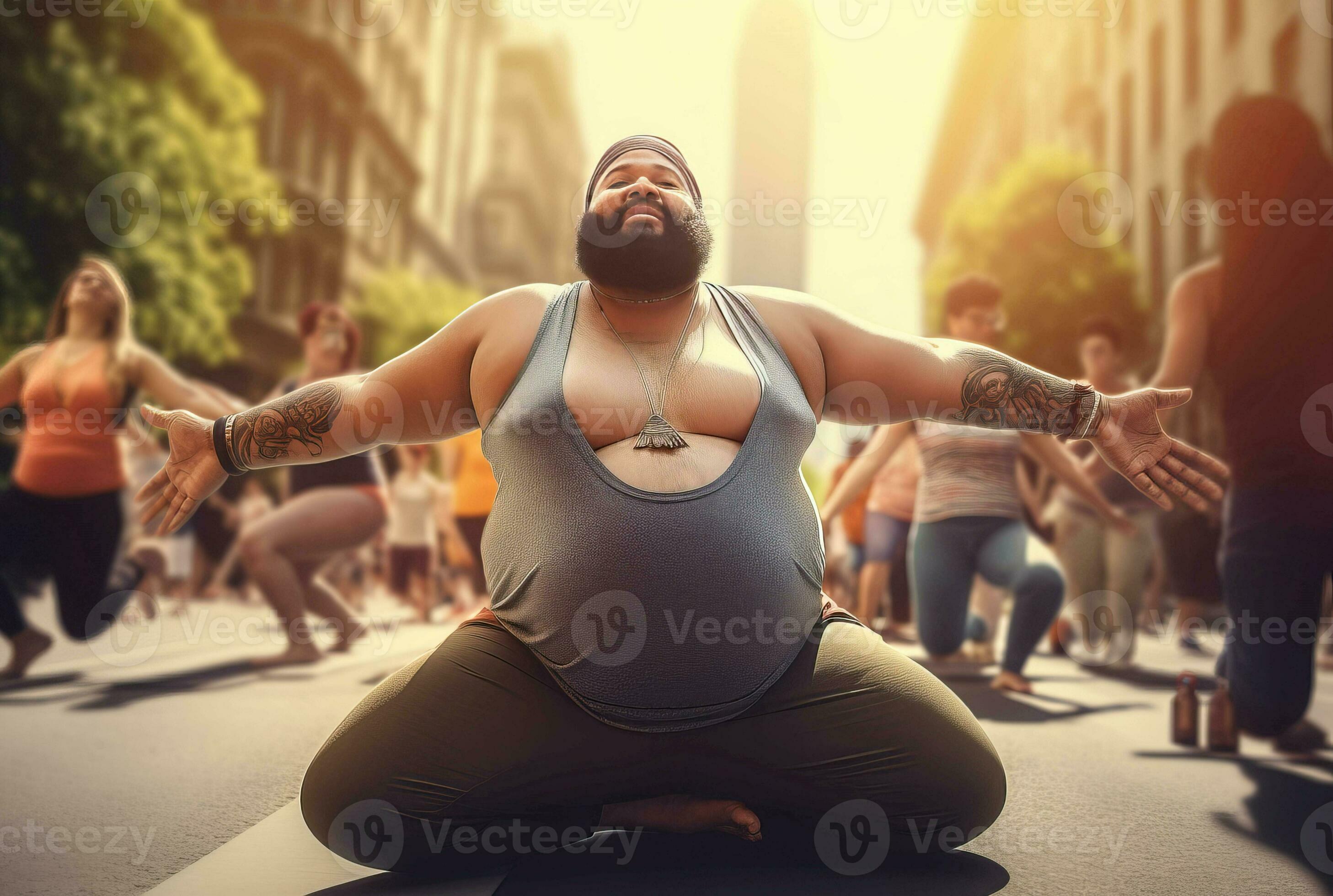 Fat people doing yoga on street. Generate ai 32611418 Stock Photo