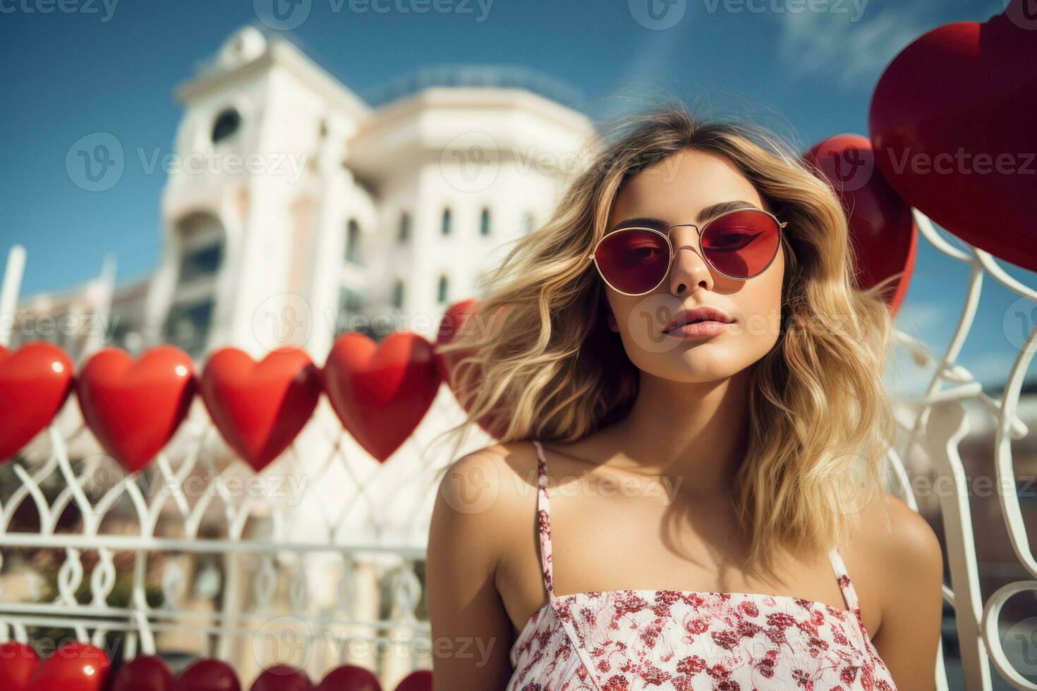 Young beautiful woman wearing sunglasses at street. Generate Ai photo