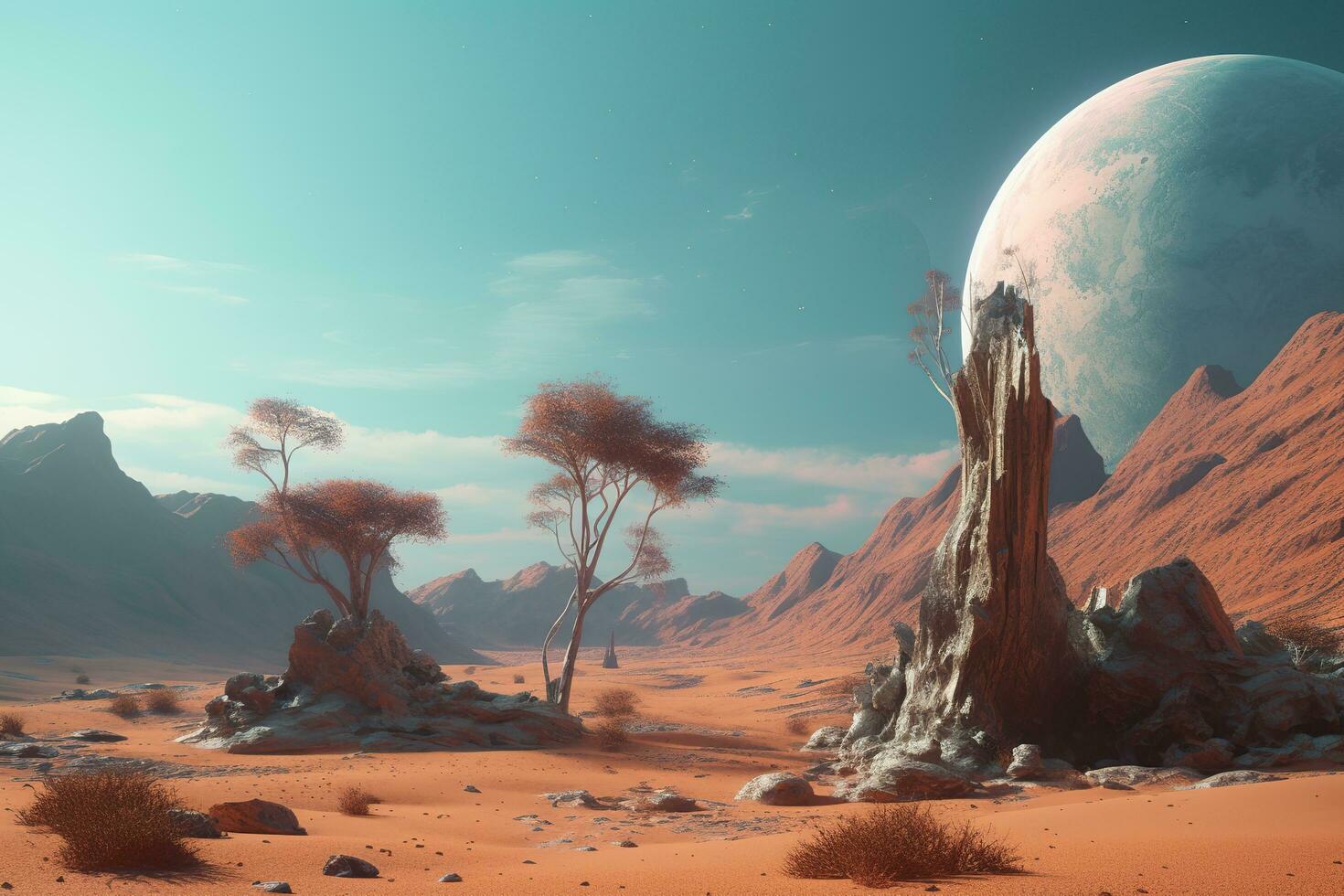 Desert with a tree and planet AI Generated photo