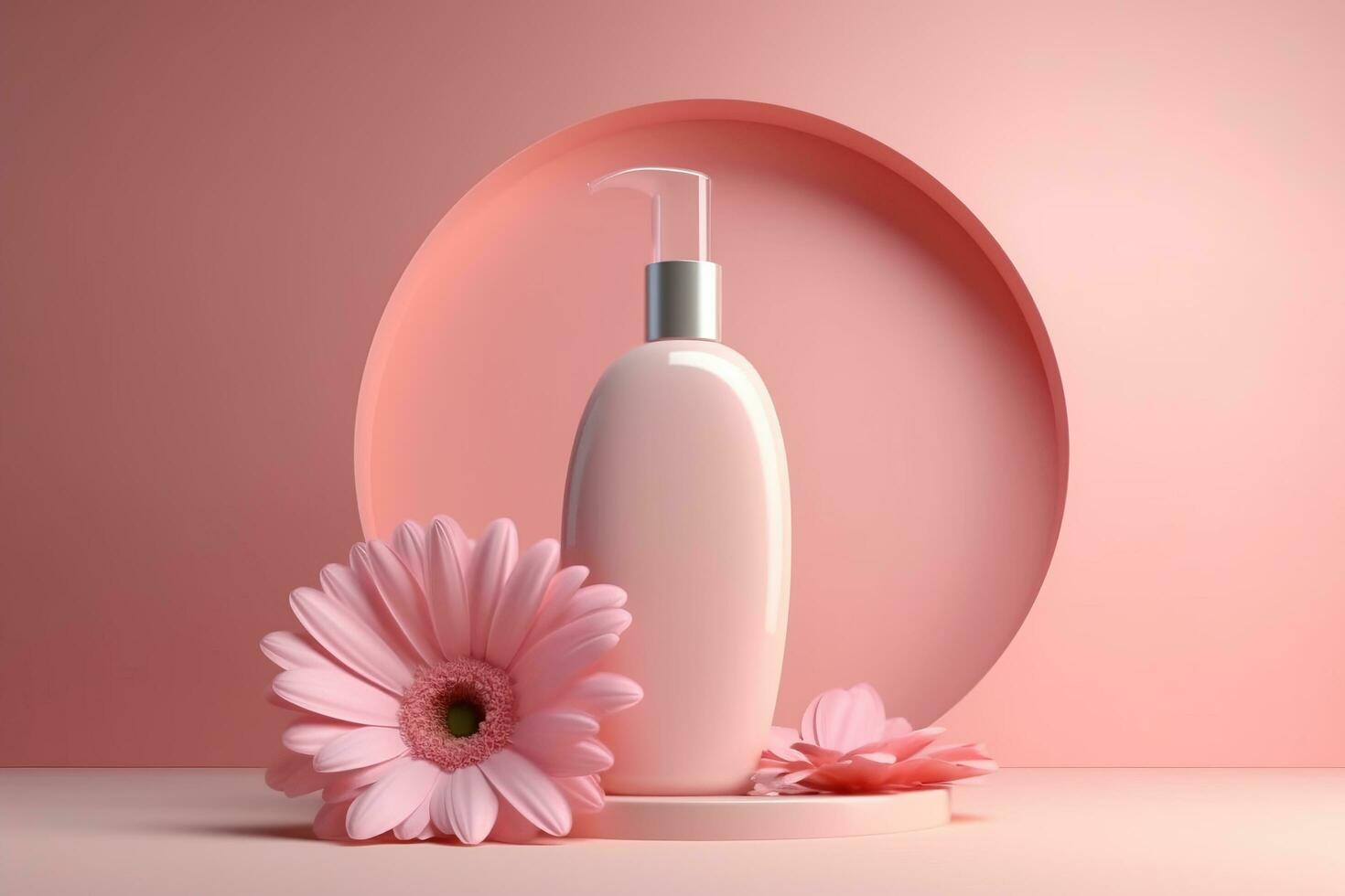 Cosmetic bottle with pink flower. Minimal background for branding and product presentation AI Generated photo