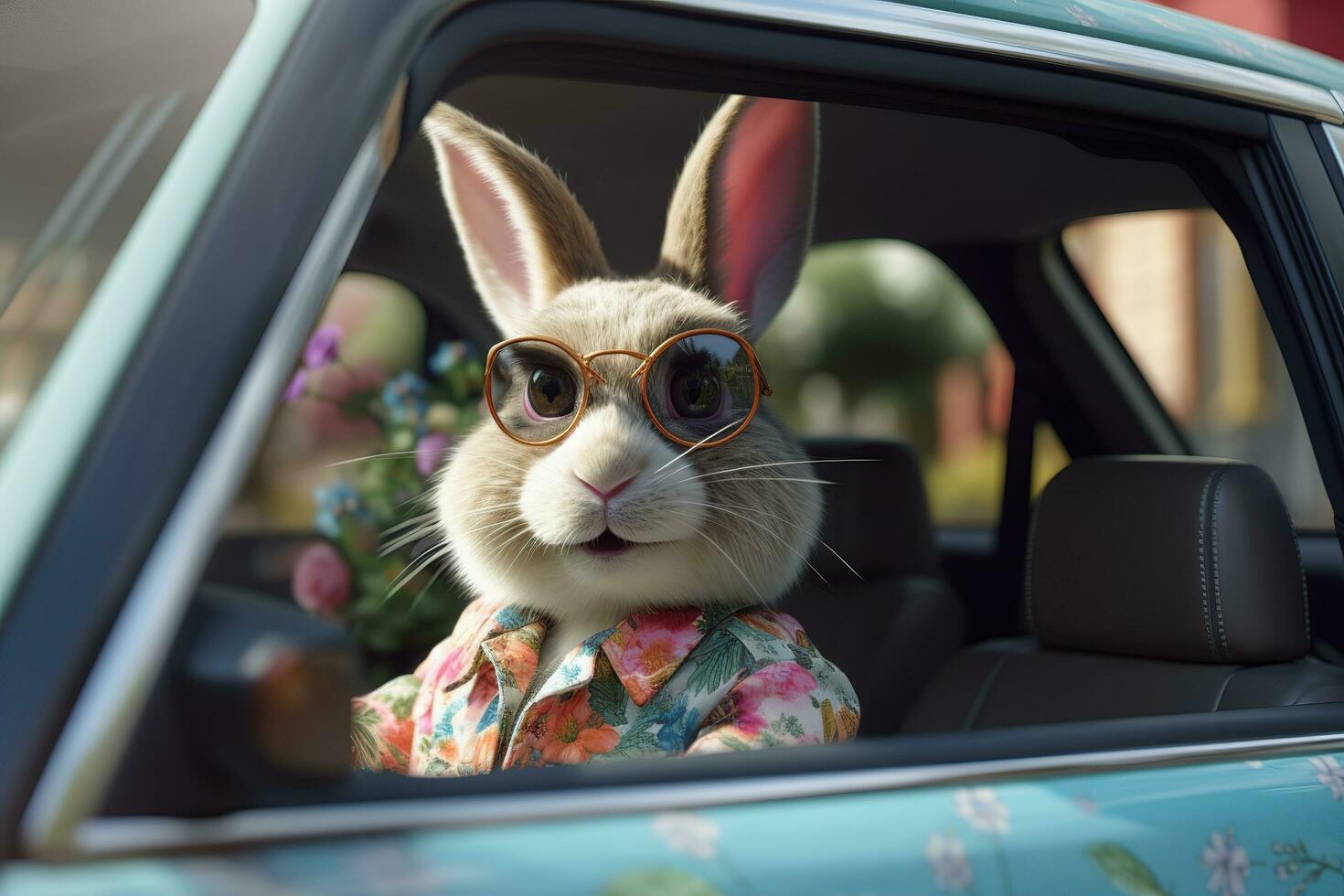 Cute bunny looking out of a car window AI Generated photo