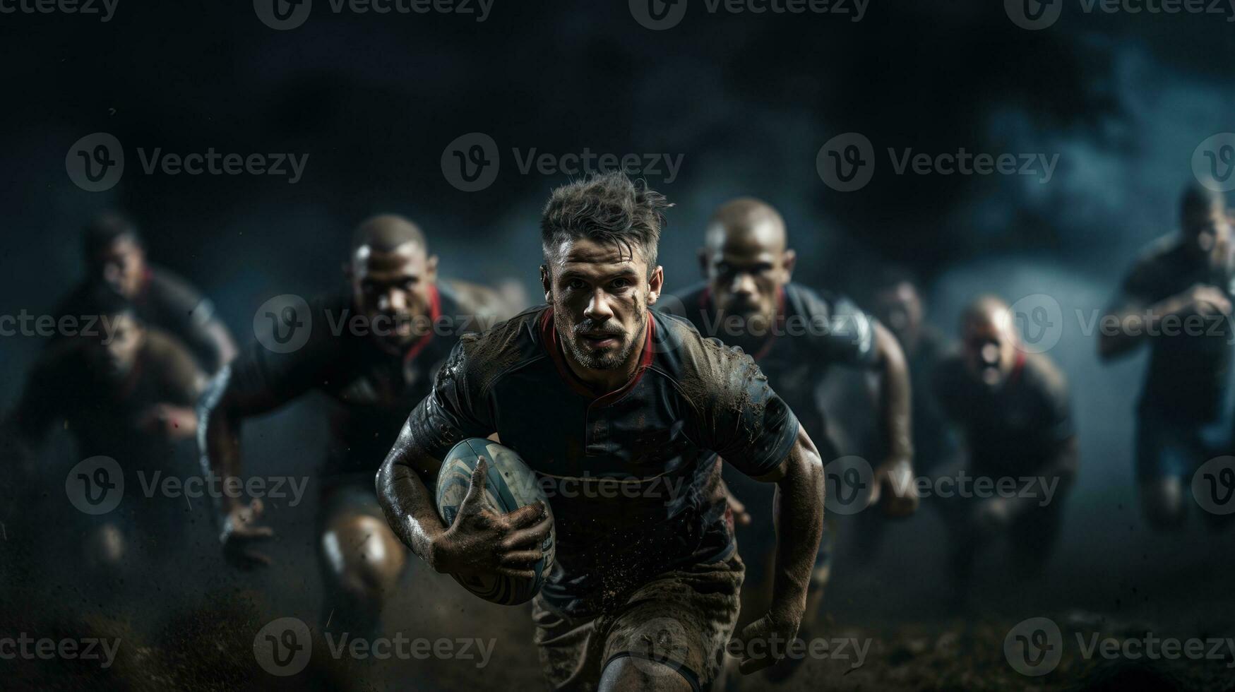 Rugby players in action, motion blur effect. Mixed media. photo