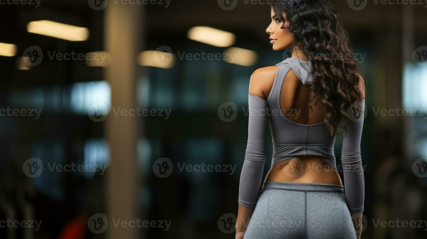 Back of sexy woman with slim tanned body in sportswear posing at gym. photo