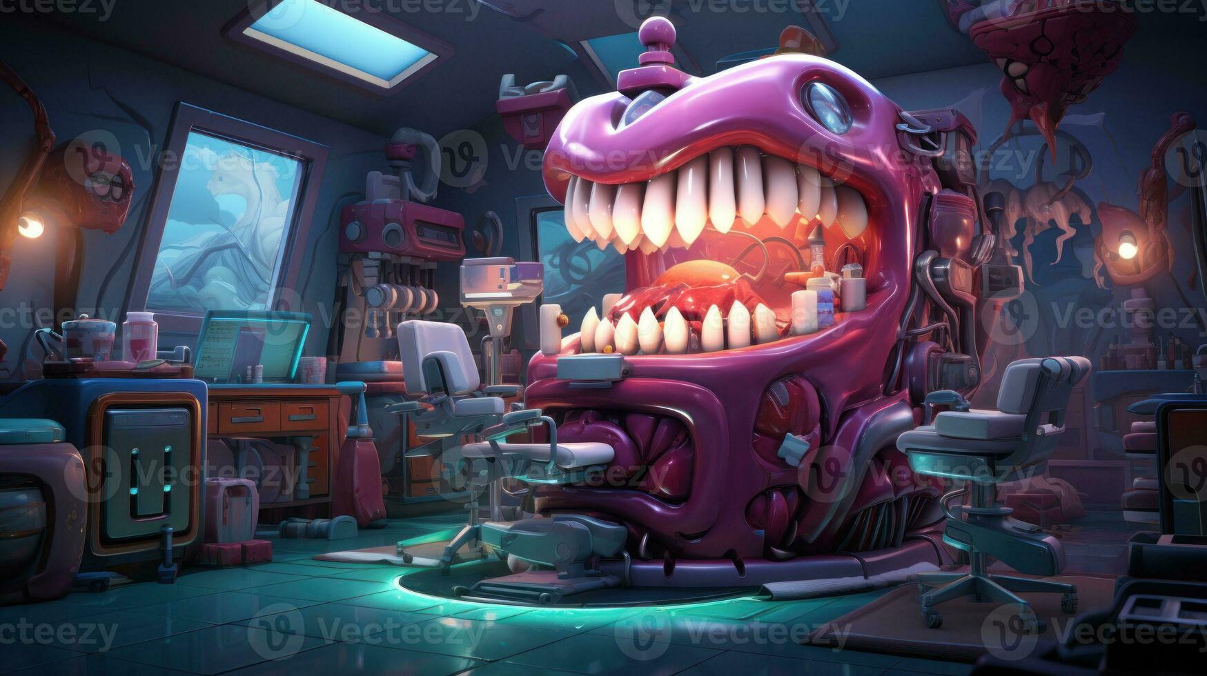 Scary horror illustration of dental clinic interior with dentures and