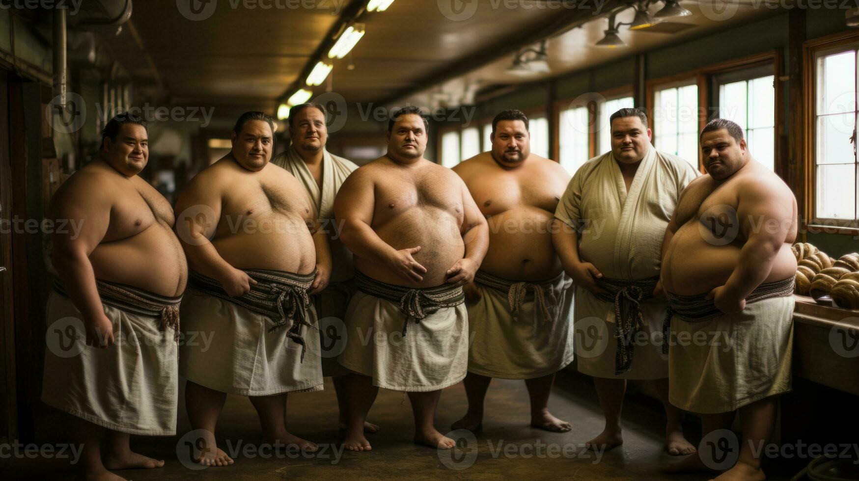 Group of japanese sumo wrestler training. photo