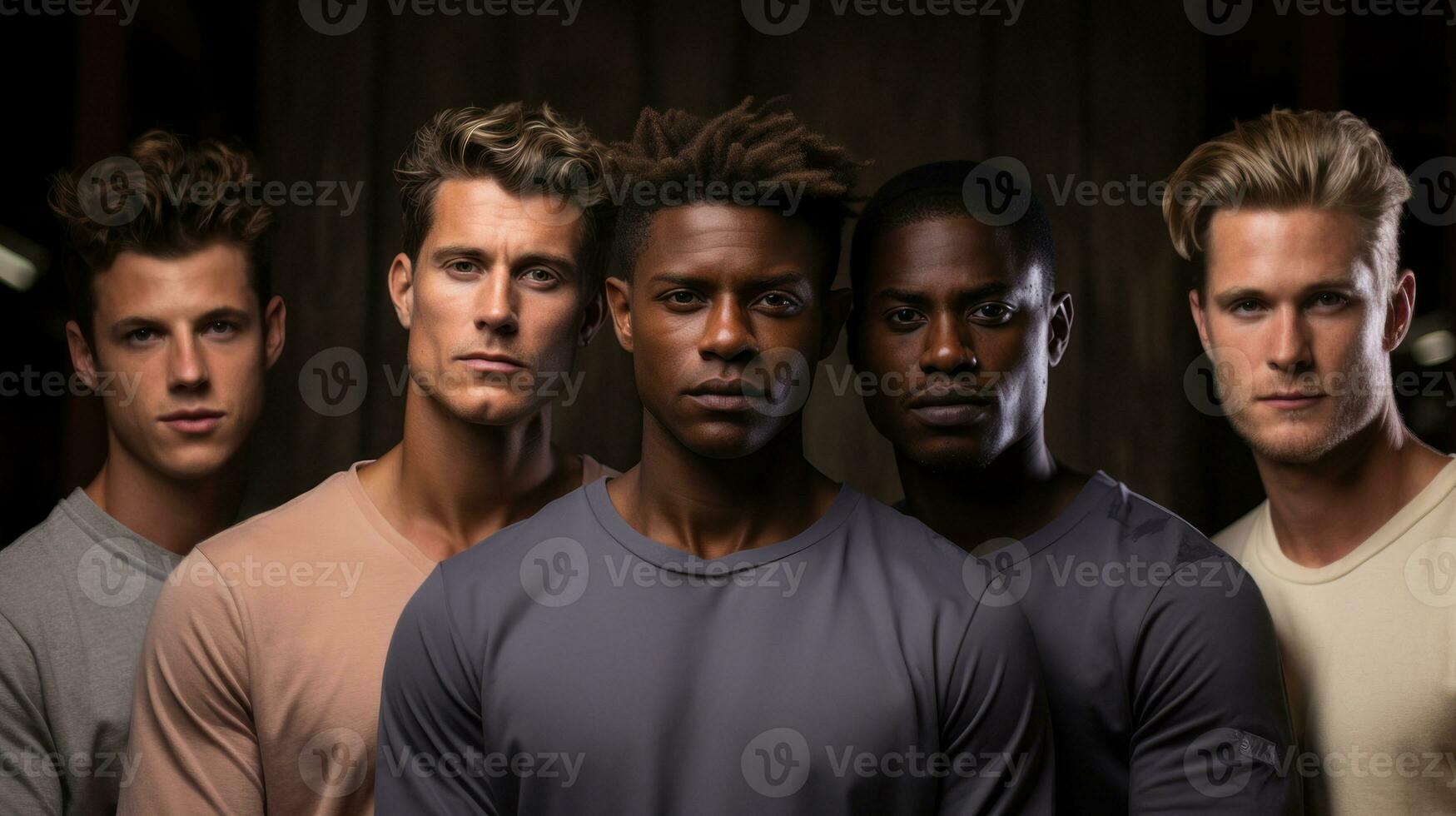 Group of five young men standing together. Men's beauty, fashion. Diversity of guys. photo