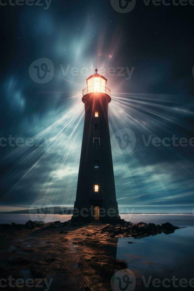 Mystical light beams emanating from an age old haunted lighthouse at midnight photo