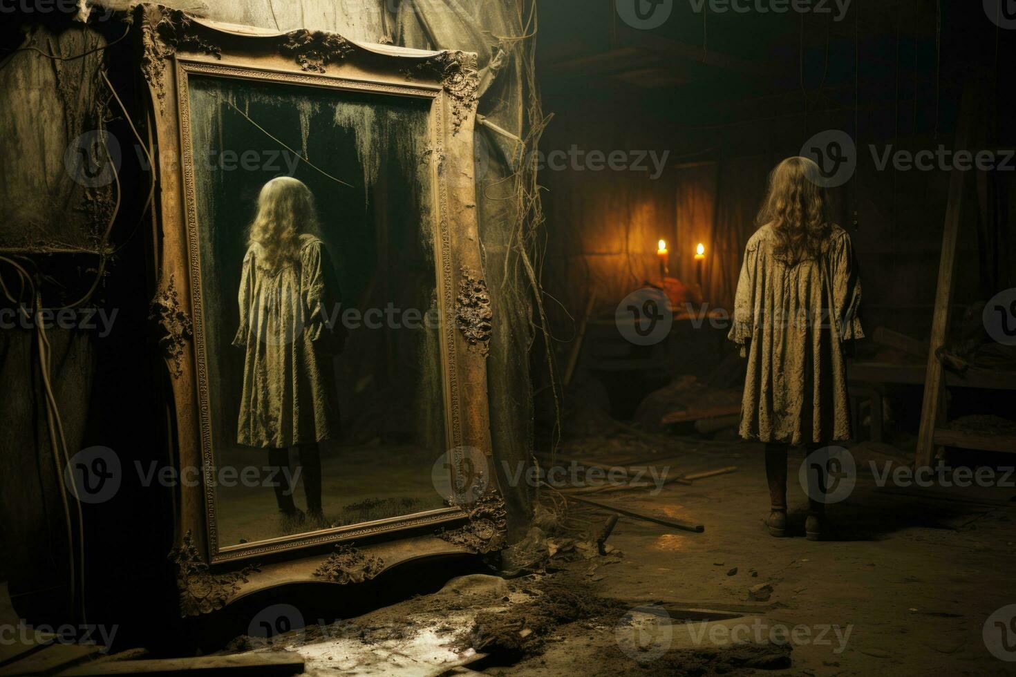 Supernatural figure hauntingly reflected in an old dusty attic mirror photo