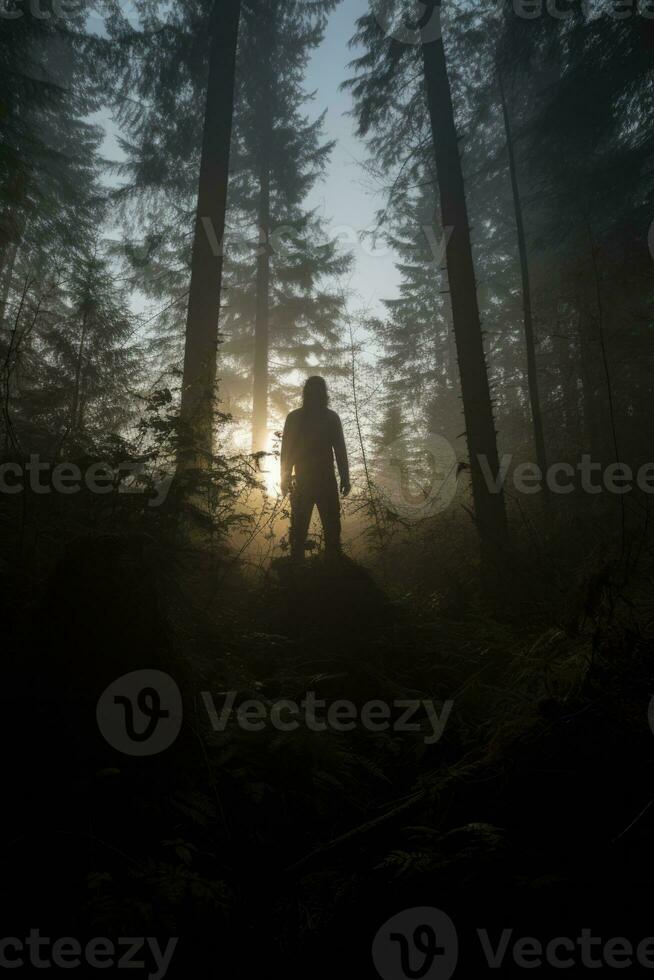 Sasquatch silueta de vista normal en denso bosque a el descanso de amanecer foto