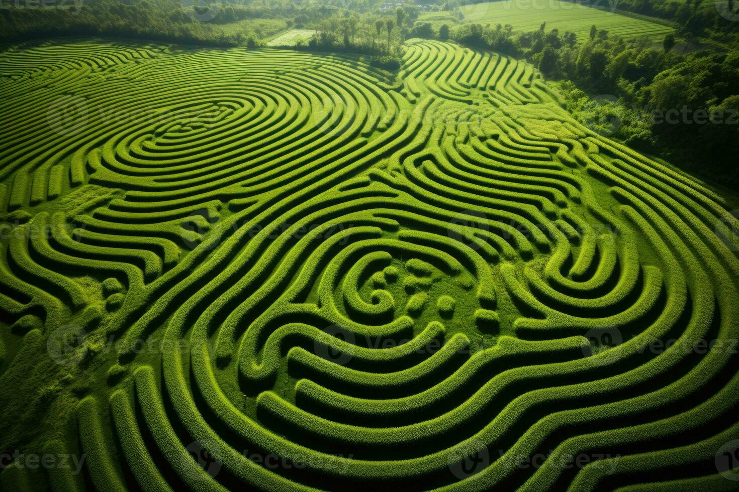 Aerial view of intricate crop circles and patterns on lush farmland photo