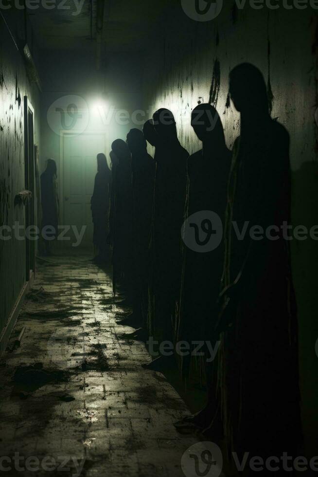 Shadowy figures captured lurking in an abandoned grimly lit asylum hallway photo