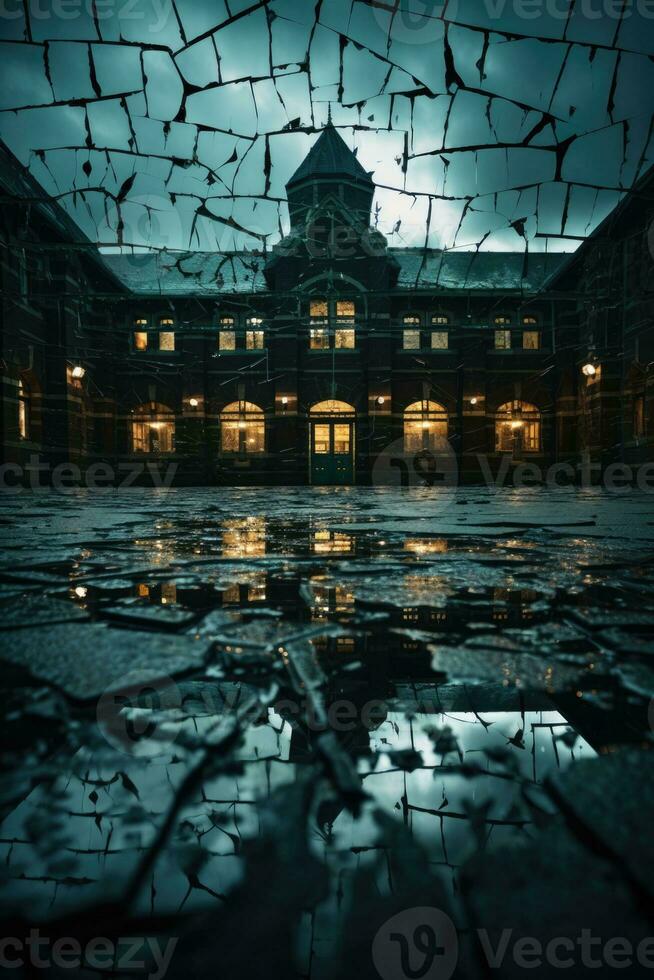 Distorted reflections in shattered asylum windows under a brooding stormy sky photo