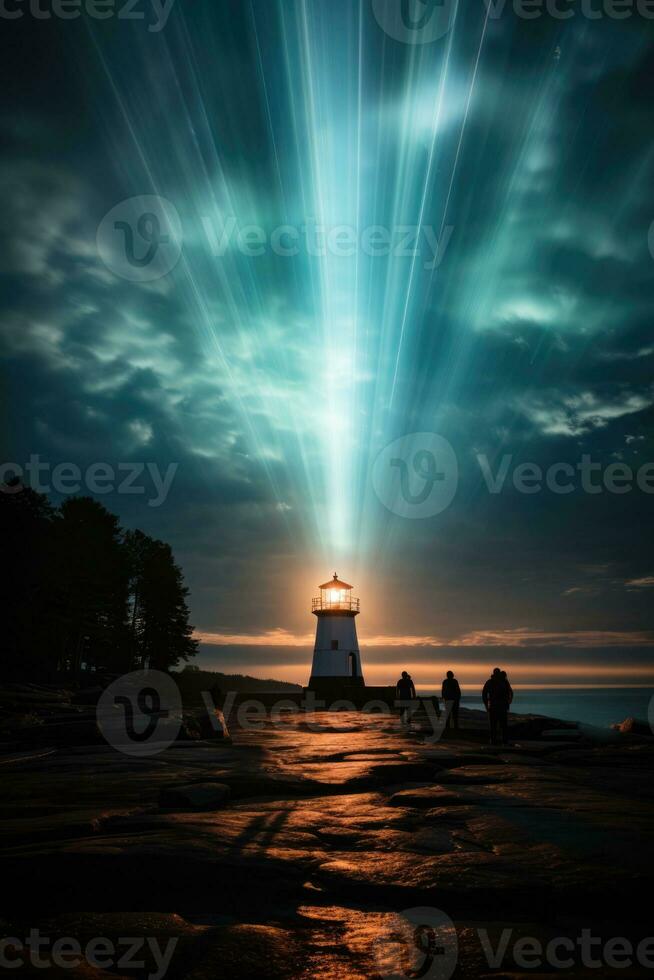 Mystical light beams emanating from an age old haunted lighthouse at midnight photo