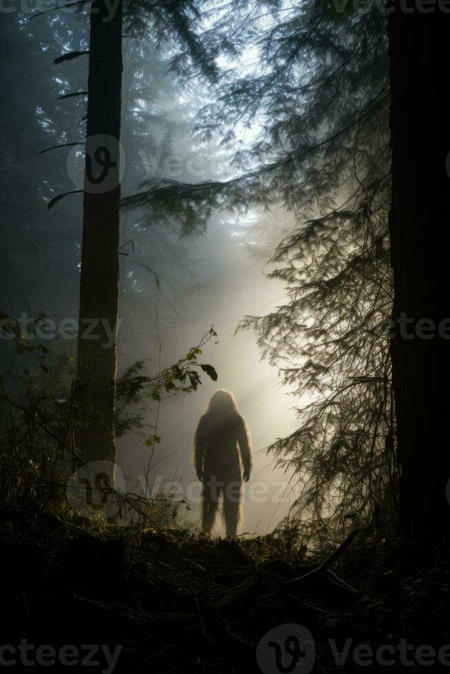 Sasquatch silhouette sighted in dense woodland at the break of dawn photo