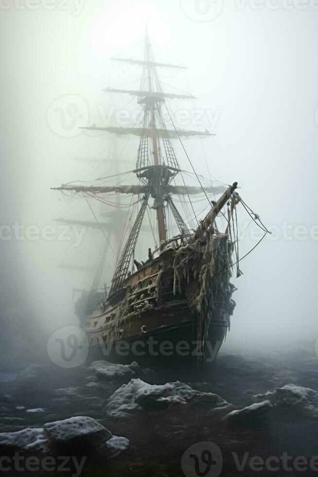 Misty apparition of a phantom ship emerging from a foggy seascape photo