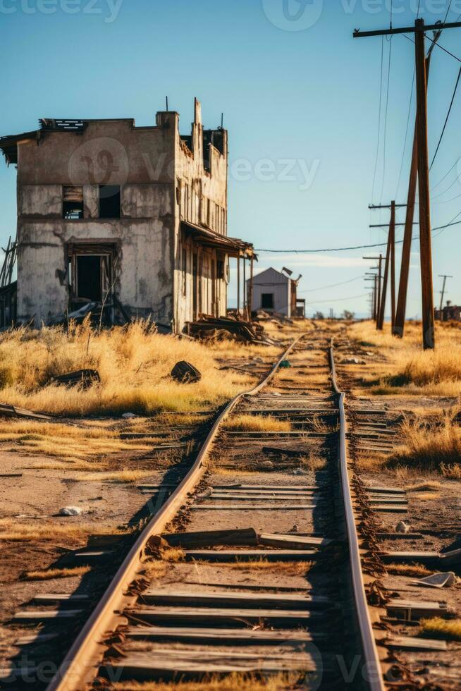 Haunted aesthetic of a decaying building in a desolate ghost town photo