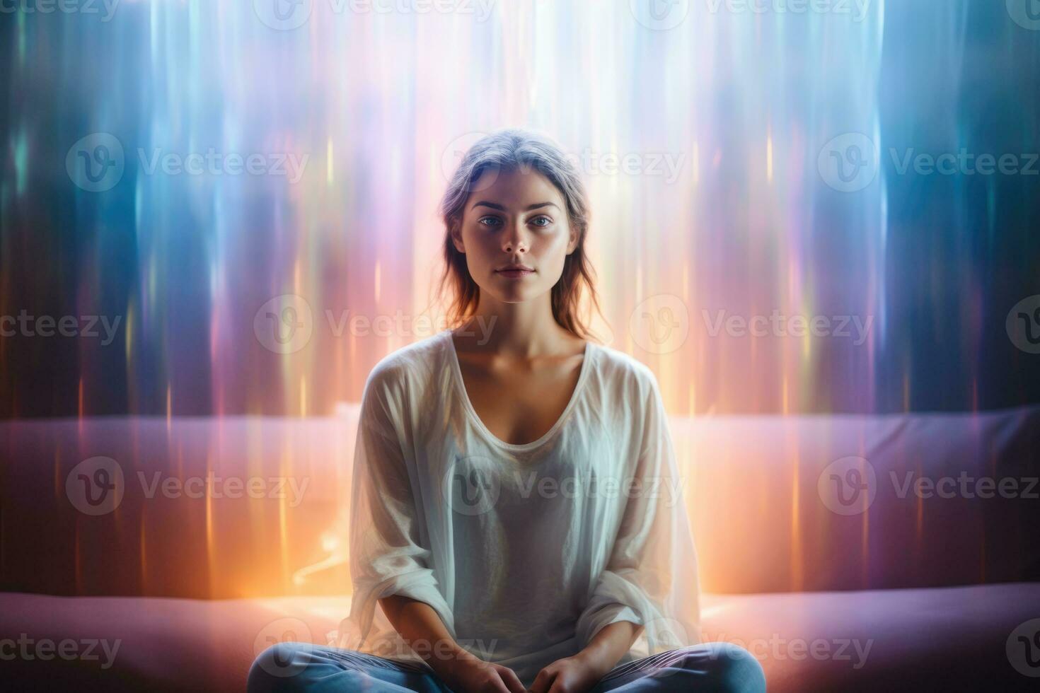 Bright spectral aura photographed enveloping a person during spiritual healing session photo