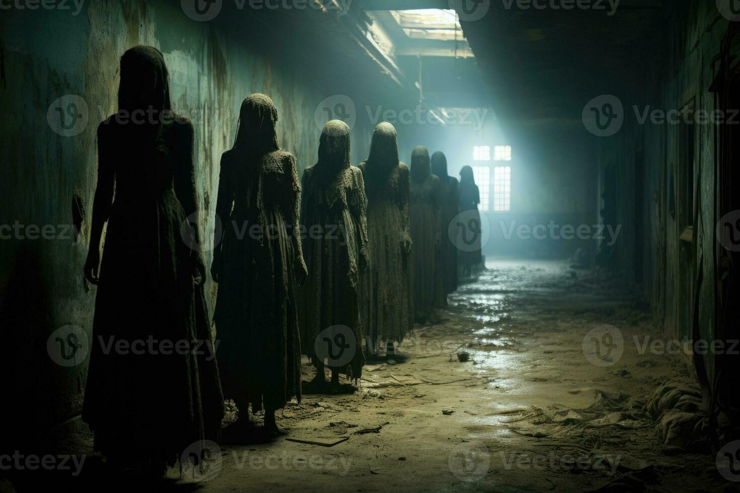 Shadowy figures captured lurking in an abandoned grimly lit asylum hallway photo