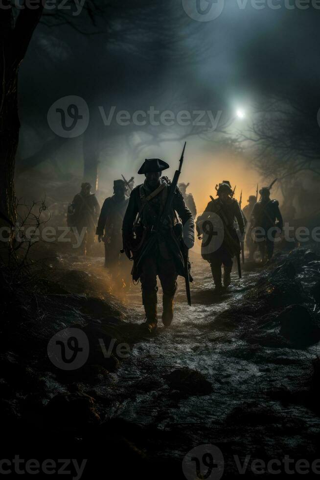 Ghostly soldiers marching on misty moor lit historical battlefields at midnight photo