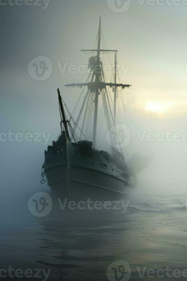 brumoso aparición de un fantasma Embarcacion emergente desde un brumoso marina foto