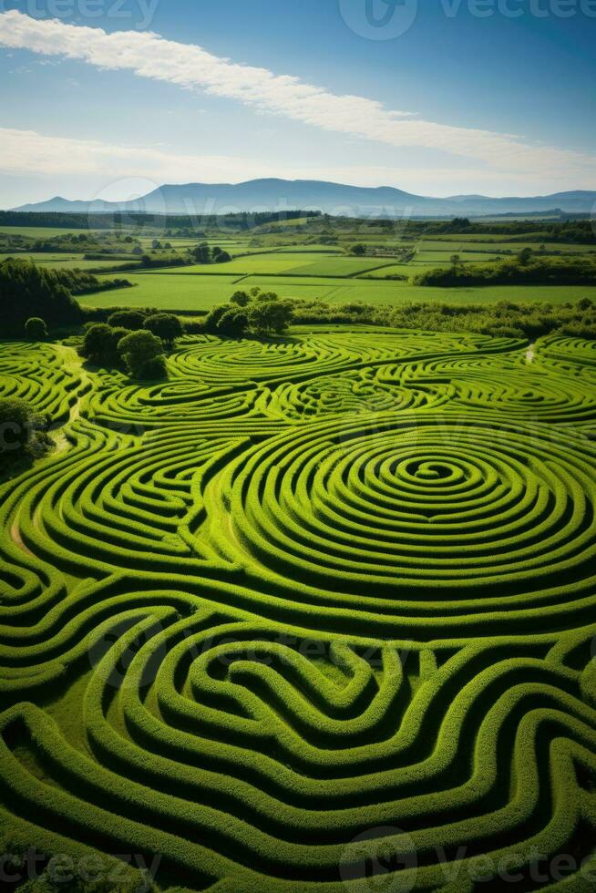 Aerial view of intricate crop circles and patterns on lush farmland photo