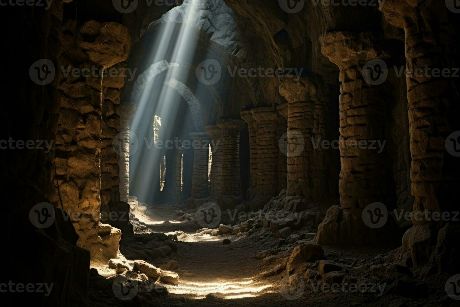 Ethereal shadows creeping in ancient labyrinth like underground catacombs veiled in mystery photo