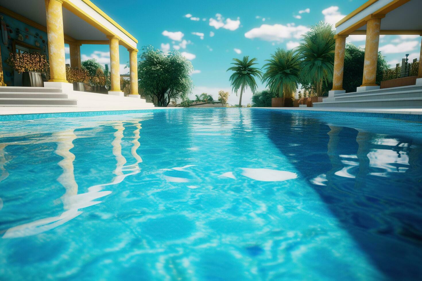 Home swimming pool in garden and terrace AI Generated photo