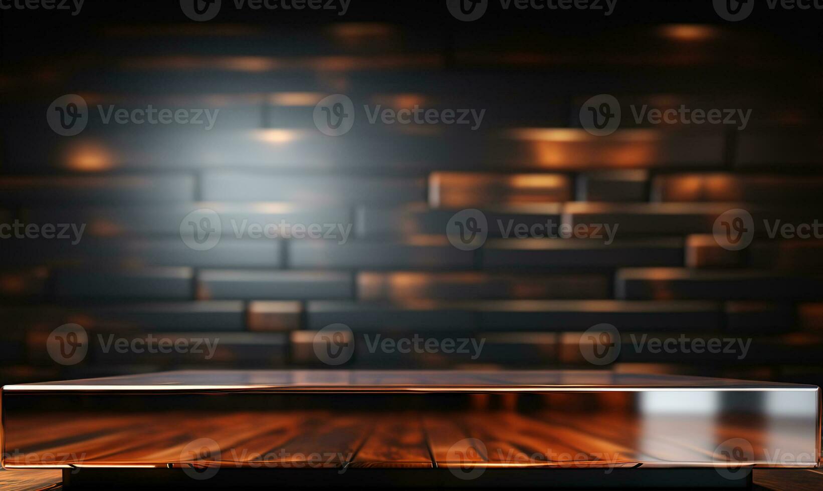 A front view of a luxurious silver metallic empty table for product placement, set against a dark, blurry city background, serves as a blank metallic table mockup, Ai generative photo