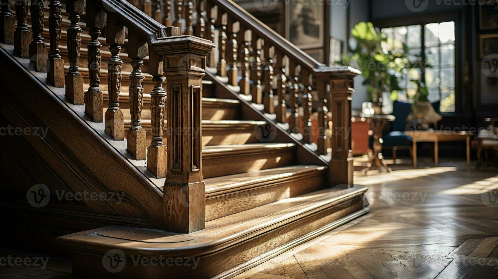 de cerca de Clásico de madera escalera bobinadoras bañado en calentar tarde luz, un nostálgico vislumbrar dentro arquitectónico herencia, evocando Clásico casa y edificio conceptos, ai generativo foto