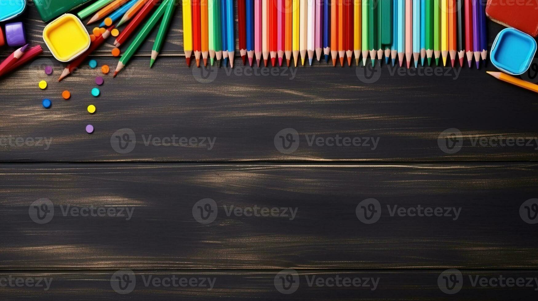 Top View of School Equipment Arranged in a Frame on a Wooden Background, A Back-to-School Concept Featuring Educational Supplies and the Teacher-Student Presentation Concept, Ai generative photo