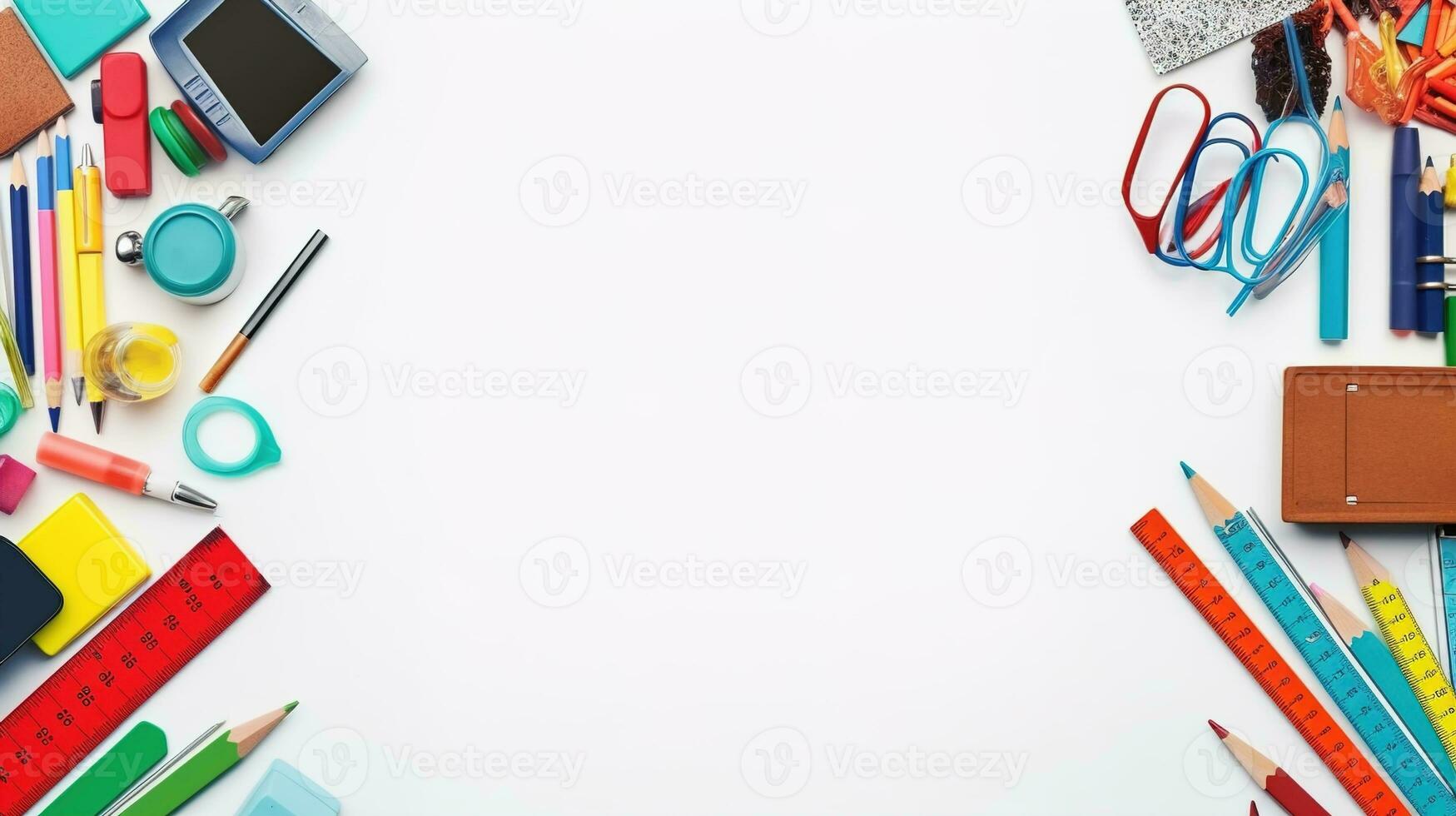 Top View of School Equipment Arranged in a Frame on a Wooden Background, A Back-to-School Concept Featuring Educational Supplies and the Teacher-Student Presentation Concept, Ai generative photo