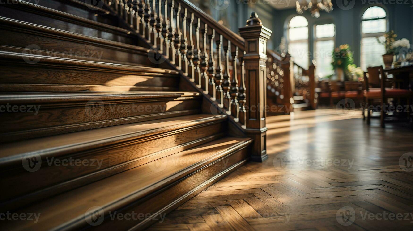 Close-Up of Vintage Wooden Stair Winders Bathed in Warm Afternoon Light, A Nostalgic Glimpse into Architectural Heritage, Evoking Vintage House and Building Concepts, Ai generative photo