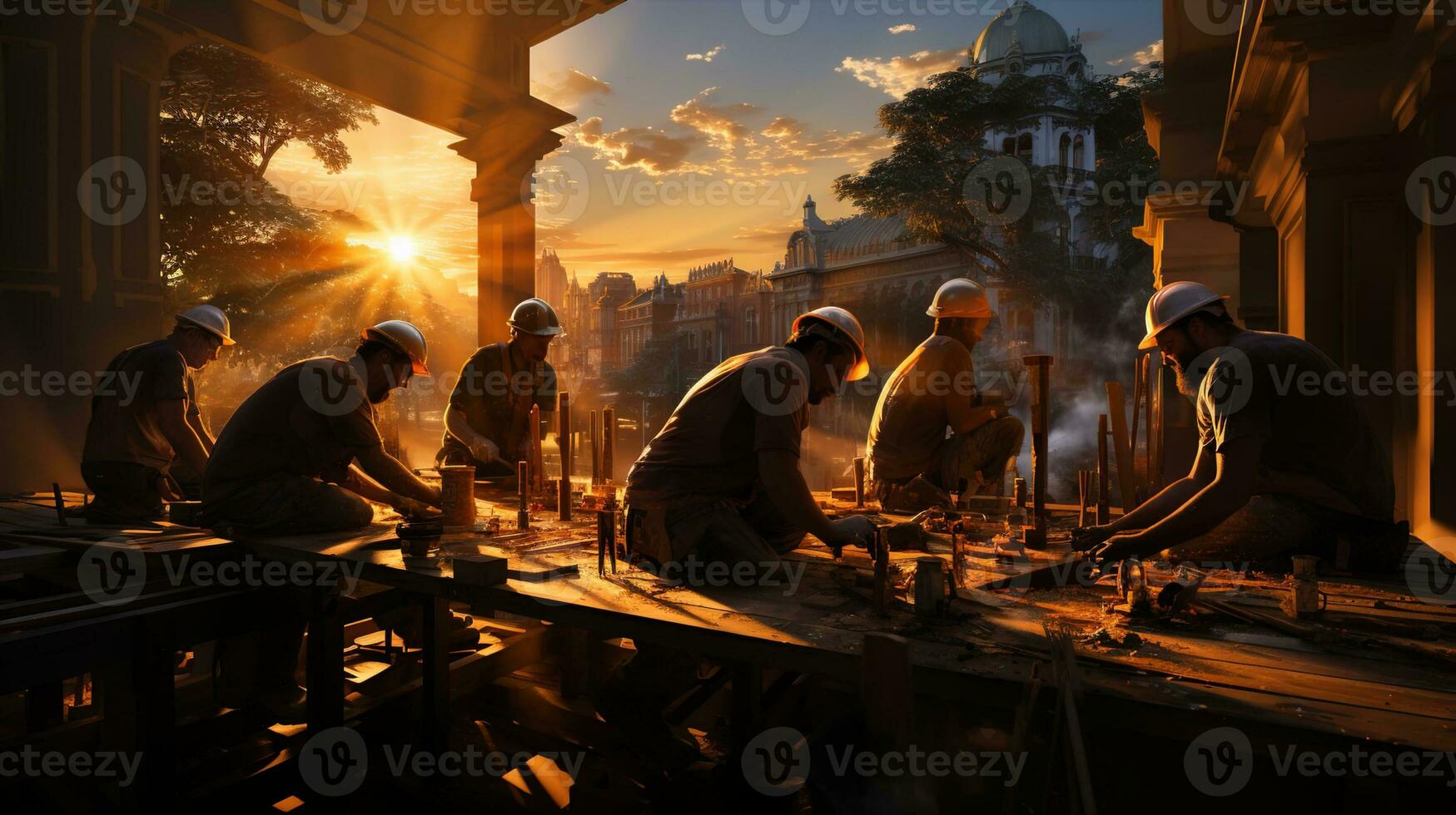 Construction workers at the city construction site in the afternoon light, an urban development and building progress concept, Ai generative photo