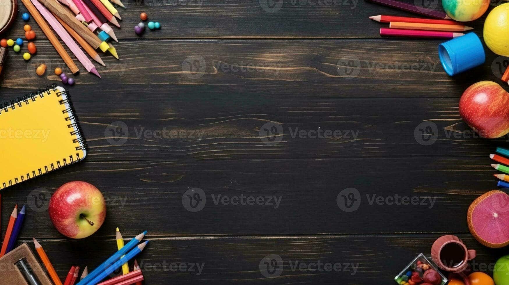 Top View of School Equipment Arranged in a Frame on a Wooden Background, A Back-to-School Concept Featuring Educational Supplies and the Teacher-Student Presentation Concept, Ai generative photo