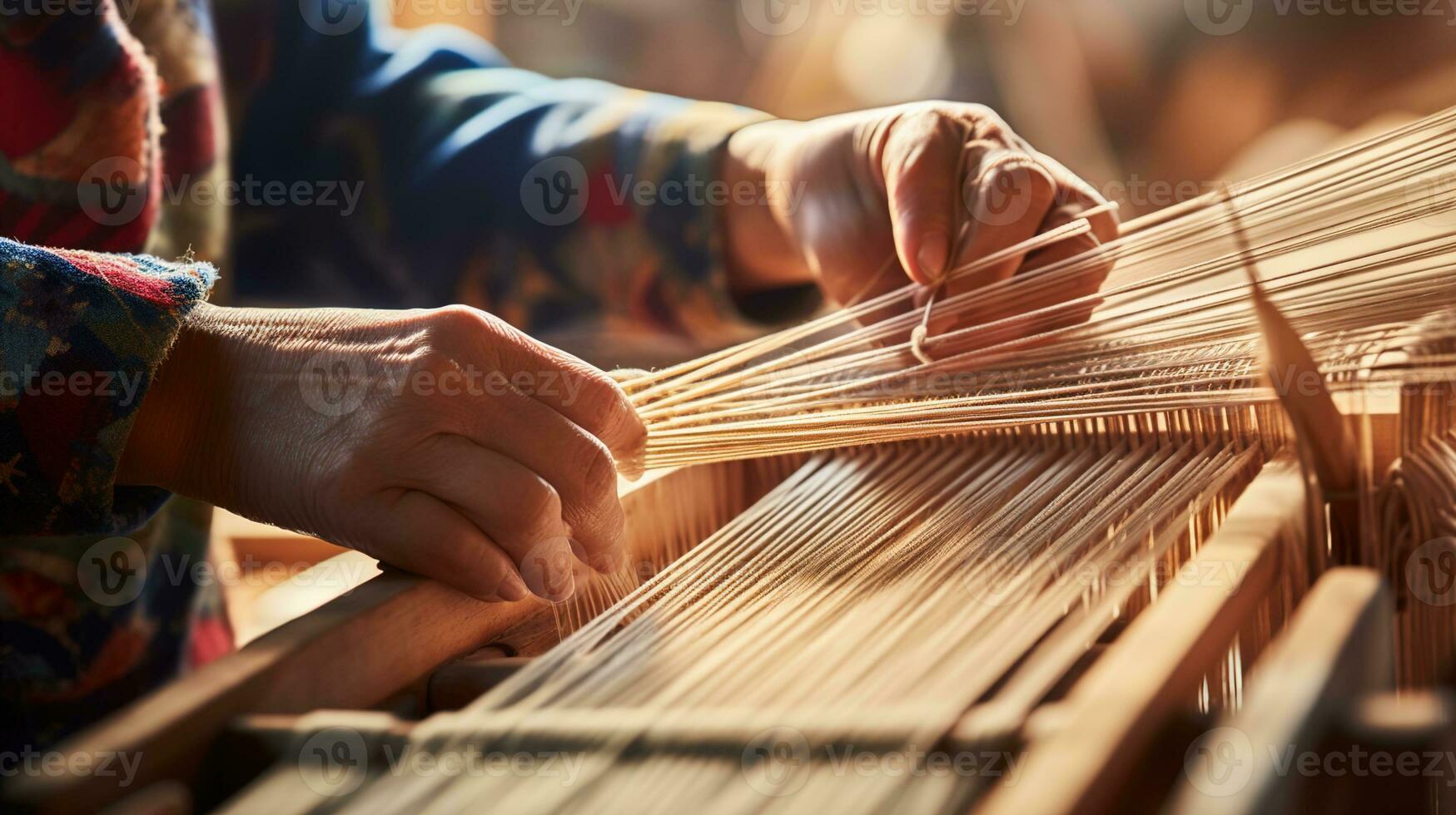 Celebrating Modern Traditional Heritage Craft, Close-Up of Hands Weaving a Colorful Textile on a Wooden Loom with Copy Space for Creative Expressions, Ai generative photo