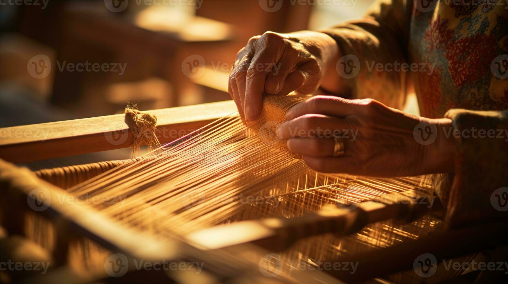 celebrando moderno tradicional patrimonio artesanía, de cerca de manos Costura un vistoso textil en un de madera telar con Copiar espacio para creativo expresiones, ai generativo foto