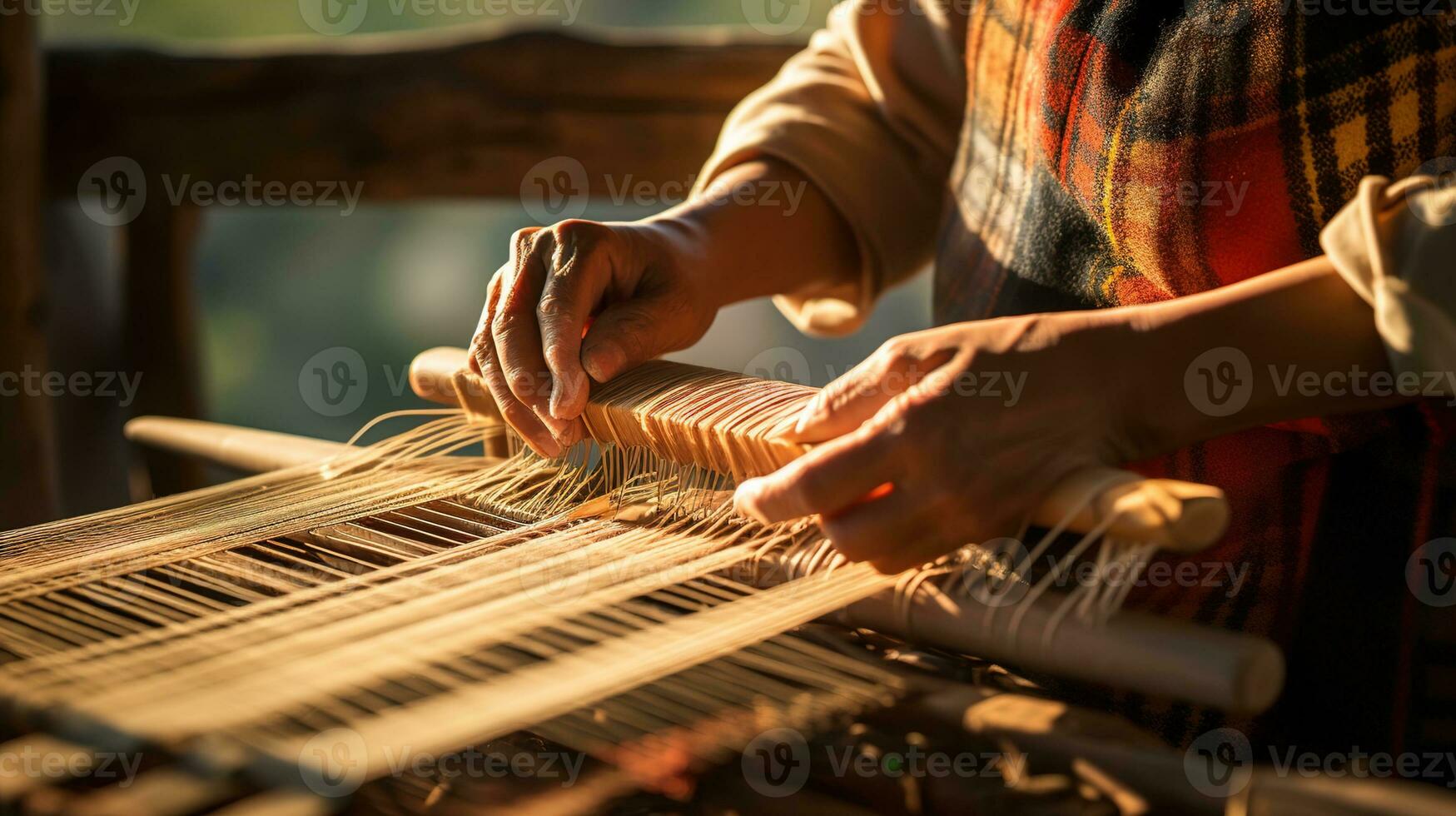 Celebrating Modern Traditional Heritage Craft, Close-Up of Hands Weaving a Colorful Textile on a Wooden Loom with Copy Space for Creative Expressions, Ai generative photo