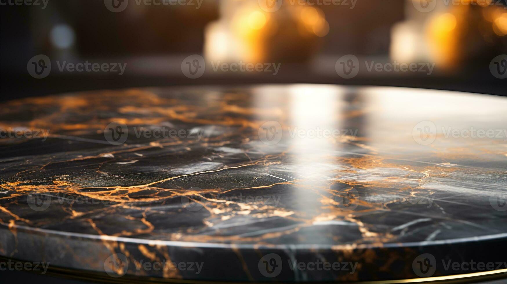Close-Up of a Black and Gold Marble Table with Bokeh Light Blurry Background, An Elegant and Opulent Addition to Premium Interior Design, Product Placement Concept, Ai generative photo