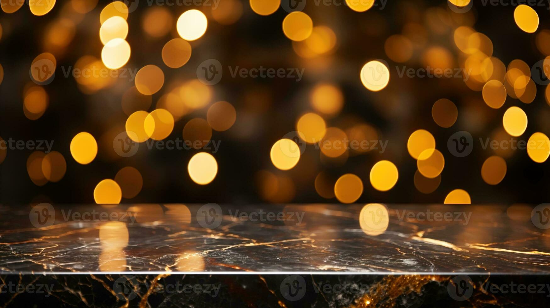 Close-Up of a Black and Gold Marble Table with Bokeh Light Blurry Background, An Elegant and Opulent Addition to Premium Interior Design, Product Placement Concept, Ai generative photo